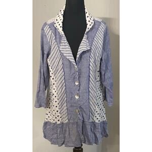 Paper Lace Blue Patchwork Polka Dot Striped Button Up Tunic Top LG Art Whimsical